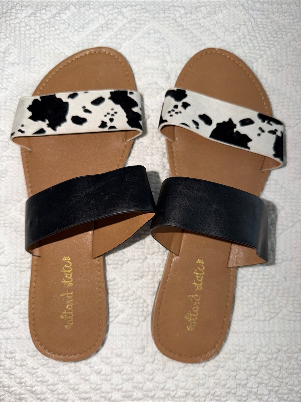 Altar'd State Black & White Cow-Print Two-Band Slide Sandals